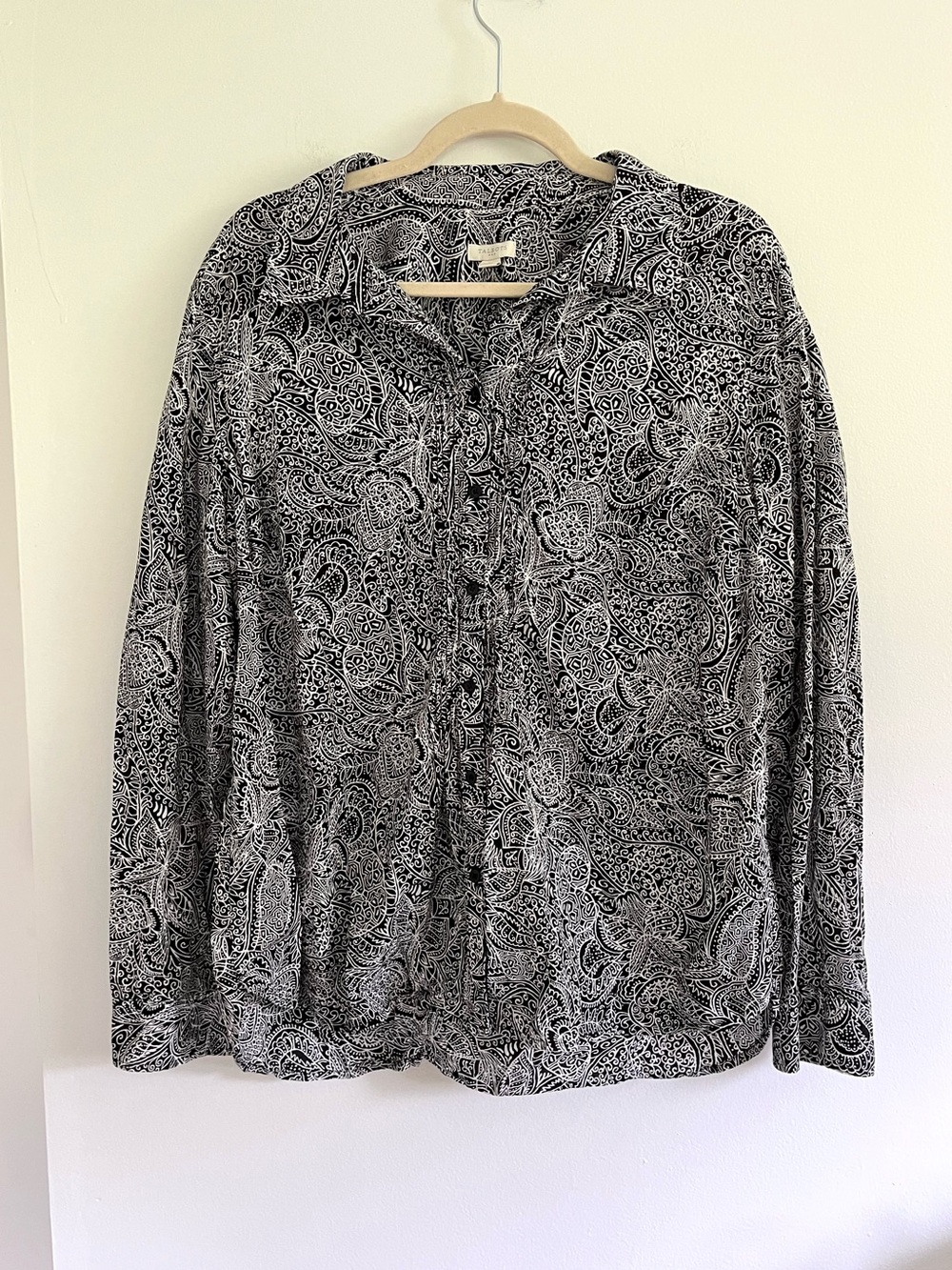 Talbots Black White 100% Cotton Paisley Button-Down Long Sleeve Shirt Top Large
